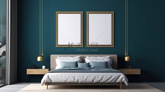 深蓝色墙框模型前带有白色和蓝色枕头的床的 3D 渲染