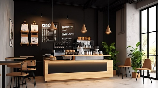 菜单背景图片_带有横幅和菜单样机的建筑设计咖啡店的 3D 插图