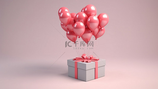 飞行的爆竹背景图片_情人节横幅设计，以 3D 渲染的飞行礼品盒和气球为特色