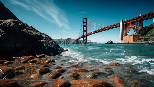 搁浅的河道背景图片_金门大桥礁石大海背景