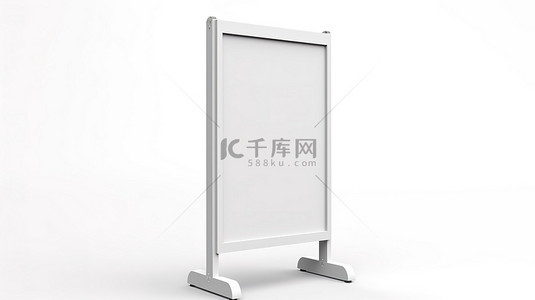 白色背景 3D 渲染广告站，带有空人行道板，供室内或室外使用