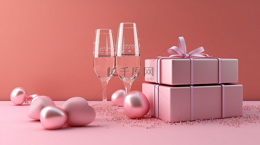 带有粉红心和粉红礼品盒的香槟杯的 3D 渲染插图