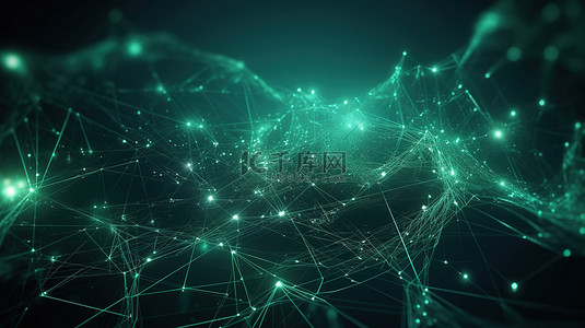 照明网络结构抽象绿色背景，3D 网络空间中具有几何流和发光点