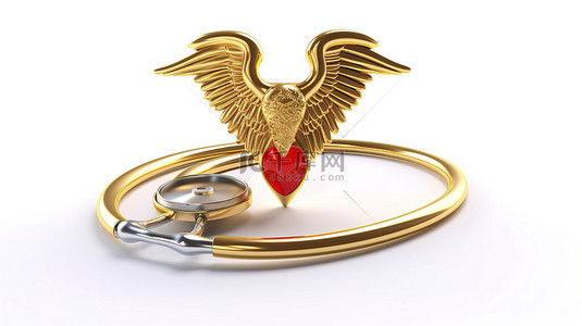 药店导视牌背景图片_白色背景上黄金医疗杖和红心符号的 3D 渲染