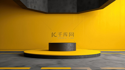 五边形讲台的 3D 渲染，具有黄色柱子和令人惊叹的透视墙和地板设计