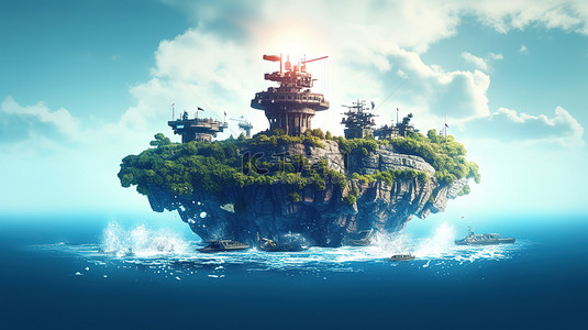 浮岛上的强化城堡，带有强大枪支的 3D 渲染
