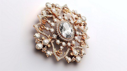 白色背景 3D 渲染复古巴洛克式胸针，饰有钻石和宝石