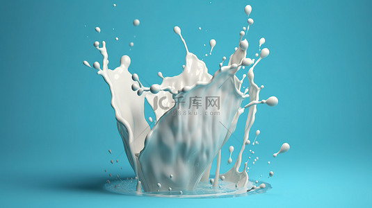 蓝色背景与 3D 渲染的牛奶飞溅