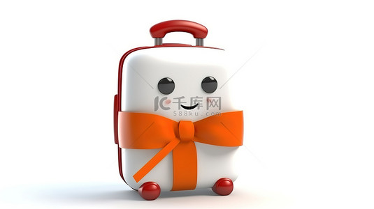 白色礼品盒和红丝带吉祥物的 3D 渲染，白色背景上有橙色旅行箱