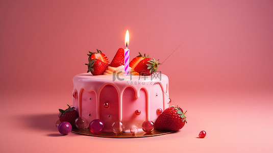 粉红色背景 3d 生日蛋糕，上面有草莓和蜡烛
