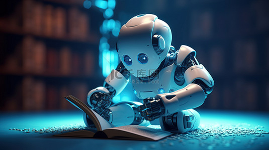 机器人从具有机器学习概念的书中学习的 3D 渲染