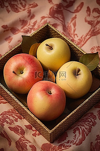 秋季图案沙发上的木托盘里放着两个苹果