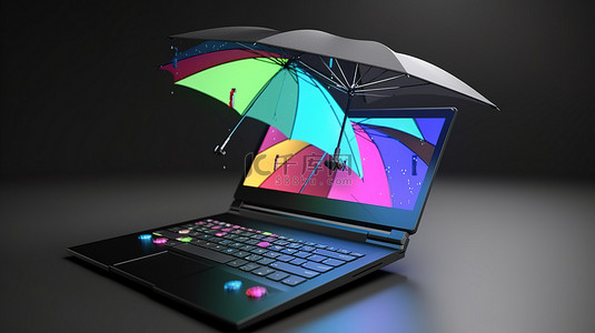 笔记本电脑以 3D 形式显示游戏符号，并带有雨伞保护