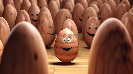 快乐的复活节想法 3D 渲染的木蛋站在其余的之上