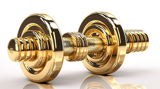 健身和运动器材白色背景上带有圆盘的金色哑铃的 3D 插图