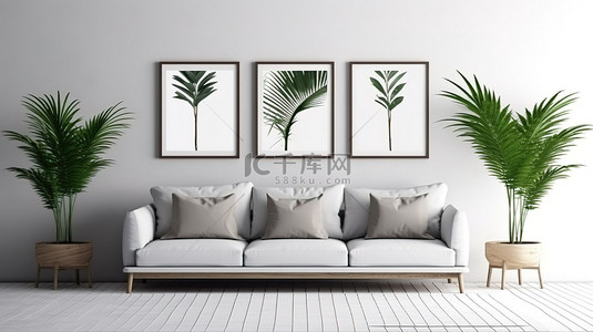 现代客厅内部配有三个空白框架灰色沙发木制家具和棕榈热带叶 3D 渲染