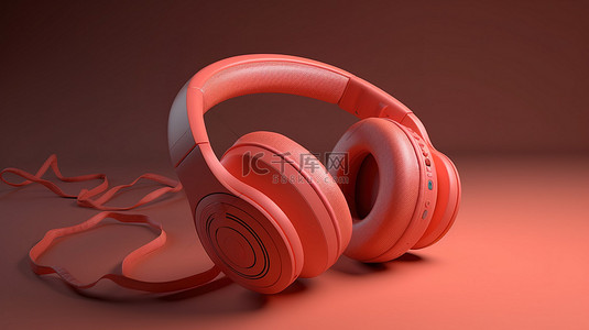 dj音乐字背景图片_珊瑚色的现代音频耳机 3D 渲染图像