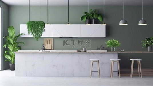 绿色植物墙背景图片_室内场景 3D 渲染和插图现代厨房与绿色植物