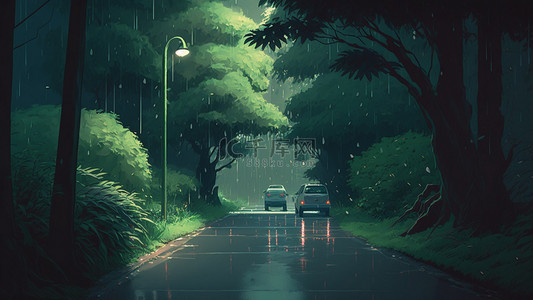 春天森林下雨插画背景