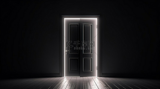 真实的 3D 渲染光线穿过打开的黑门进入黑暗的房间
