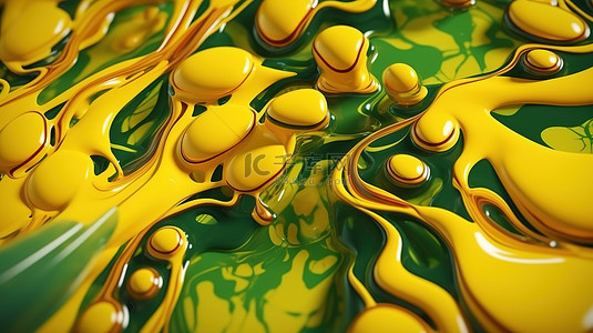 充满活力的 3D 渲染插图，具有大胆的黄色和土绿色色调的流体抽象形状