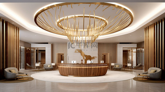 现代酒店接待处配有奢华的镀金吊灯和优雅的木制柜台 3D 概念