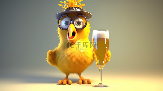 3D 渲染的搞笑爱啤酒鸡