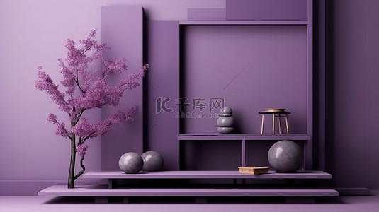 优雅的日本垂直艺术深紫色最小几何 3D 渲染