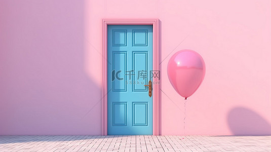 各种彩旗装饰元素背景图片_阳光照射的蓝色门，粉红色背景，阴影和阴影装饰着 3D 白色气球