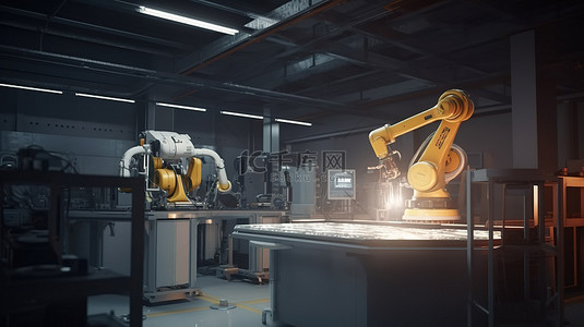 工厂机器人背景图片_使用监视器的机器人的工厂自动化 3D 渲染