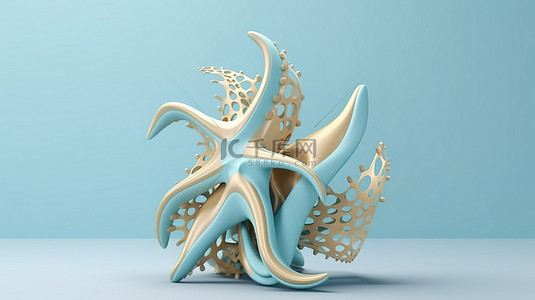 象牙色和柔和的蓝色金色海星雕塑的 3D 渲染