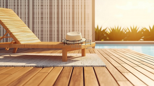 木甲板日光浴床俯瞰美丽的后院游泳池 3D 插图