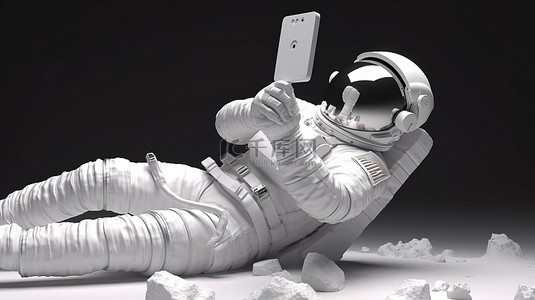 苏醒了干饭时刻背景图片_3D 渲染插图中宇航员的自拍时刻