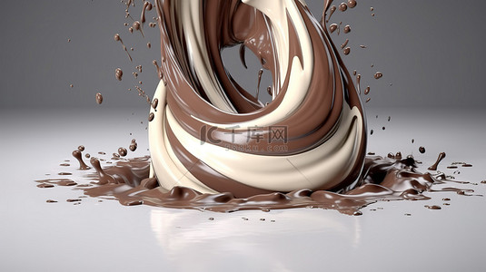 牛奶和巧克力转变为旋转风暴 3d 渲染与剪切路径