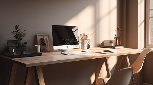 家庭办公室房间 3D 插图，舒适的电脑桌上有笔记本电脑和咖啡杯