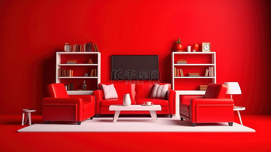 带电视和沙发的标志性红色单色微型客厅