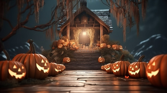 带有南瓜角色和鬼屋背景横幅的 3D 渲染中的怪异万圣节讲台促销