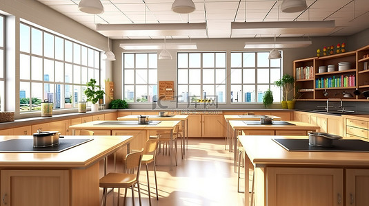 教室厨房的 3d 渲染