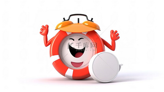 救生圈卡通背景图片_3D 渲染的闹钟吉祥物，白色背景上有救生圈
