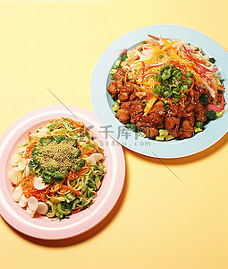 沙拉盘背景图片_两盘亚洲食物，配以蔬菜和沙拉盘