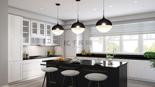 相框黑白三个背景图片_现代黑白厨房，配有厨房岛三个吧台凳和圆形玻璃吊灯 3D 渲染