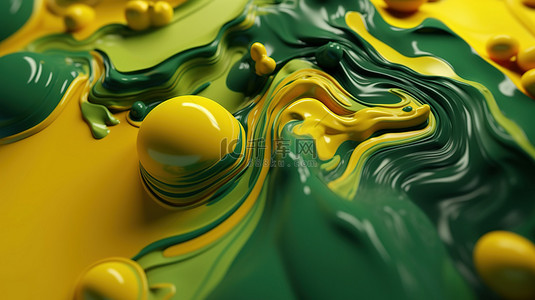 抽油烟雾效果背景图片_充满活力的黄色和自然绿色色调的流体有机形状的 3D 渲染插图