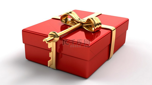 白色背景上带有金色发条钥匙的红色礼品盒的 3D 渲染