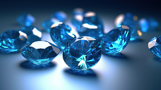 蓝宝石表背景图片_一簇圆形蓝色宝石排列在光滑闪亮的表面上，具有柔焦效果 3D 渲染