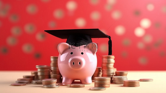 为教育储蓄 3D 渲染存钱罐硬币和毕业帽粉红色背景