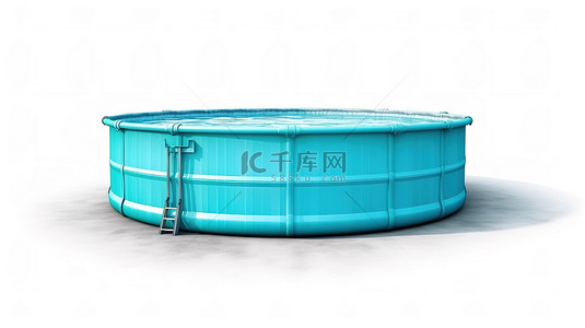 白色背景的渲染 3D 图像，带有蓝色圆形室外游泳池，配有梯子
