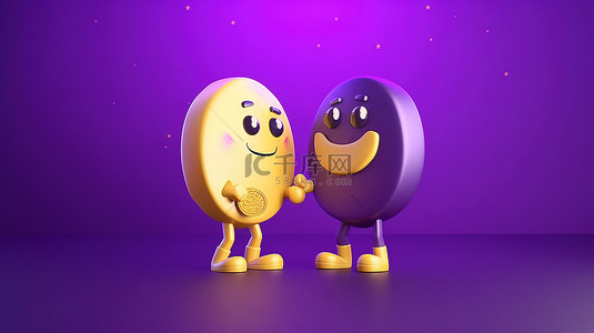 3d 握手的卡通图标与金币在紫色背景插图上渲染在 3d
