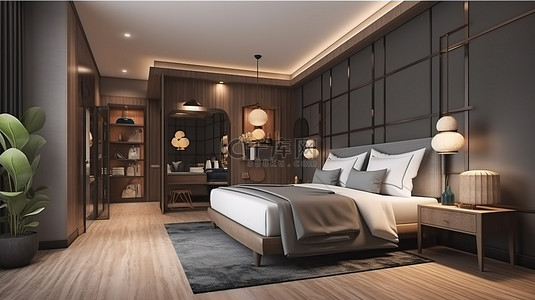 酒店房间 3D 渲染精致的复古卧室套房，配有鲜艳的色彩和电视