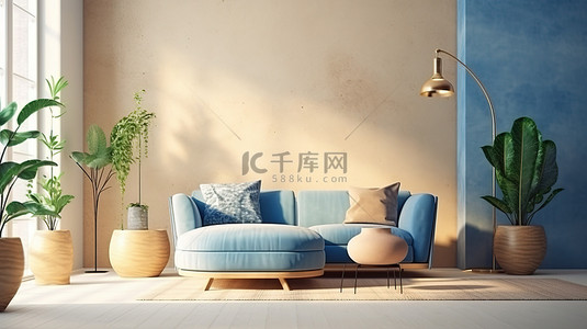蓝色坐垫凳和植物补充时尚家居室内 3D 渲染