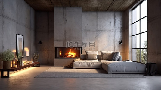 燃烧火炉背景图片_时尚的阁楼风格壁炉，采用混凝土和艺术风格，由燃烧的木柴照亮，以 3D 技术精心渲染